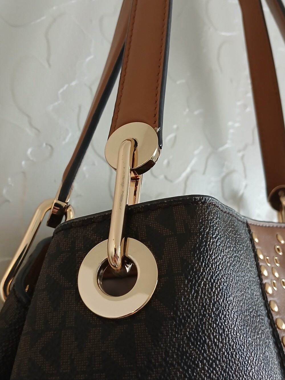 NWOT MICHAEL KORS Raven Large Signature Tote Grommets Studs Brown Tan Luxury - Picture 13 of 13